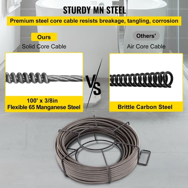 Afløbsrensekabel 30 m x 10 mm med fast kerne. Effektiv kloakrensning og afløbsrør til stopning og rengøring af kloakker.
