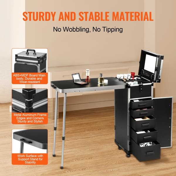 Professionell sminkväska i aluminium, arbetsbänk med stödben, rullande stor sminkvagn, 360° svängbara hjul, svart.