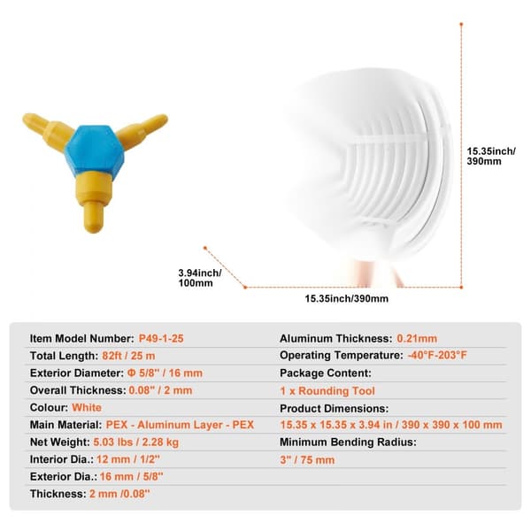 PEX-AL-PEX rør, 25M, 5/8'' diameter, aluminium-plast kompositrør til gulvvarme med iltspærre, 0,08'' tykkelse.