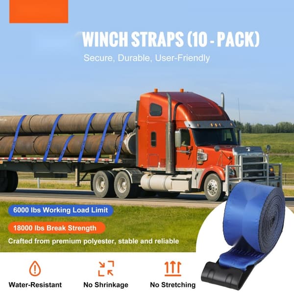 Spilstropper 4" x 30', 6000 lbs kapacitet, 18000 lbs brudstyrke, flatbed-binding til trailere og redningsopgaver, blå (10 stk)