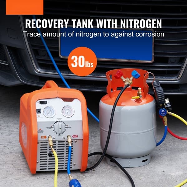 Kølemiddelgenvinding: 30 lb cylindertank, 400 PSI, væskeklassificeret Y-ventil til sikring af effektivt tryk og pålidelig drift.