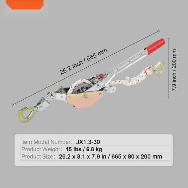 Rebtrækker med 3/4 ton kapacitet (1.653 lbs), 100' 0,6" reb, 2 kroge. Ideel til bådtransport og sikring af genstande.