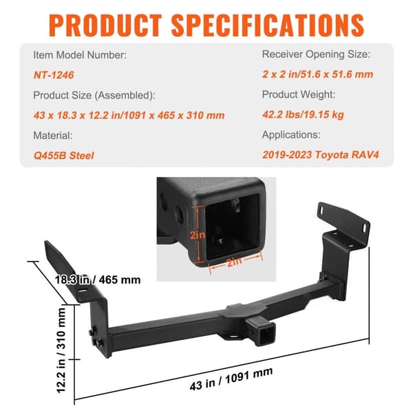 Luokka 3 vetokoukku, 2" vastaanotin, Q455B teräsputkirunko, yhteensopiva 2019-2023 Toyota RAV4, 6000 lbs, Multi-Fit.