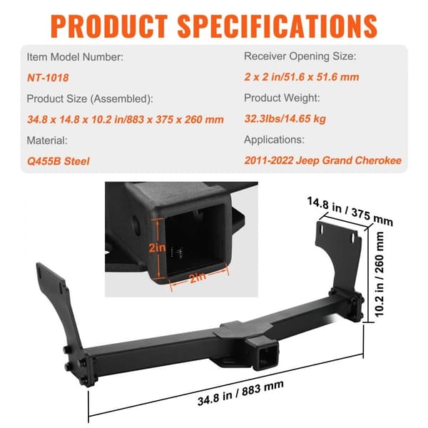 Luokka 3 vetokoukku, 2" vastaanotin, Q455B teräsrunko, yhteensopiva 2011-2023 Jeep Grand Cherokee, monikäyttöinen musta.