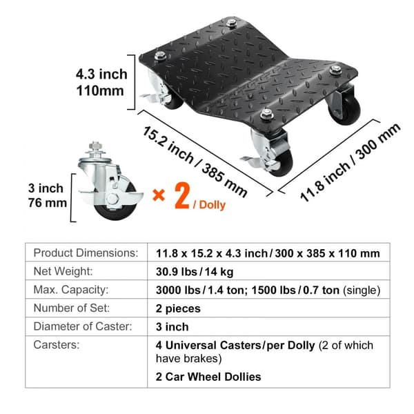 Bil Dolly Hjul Däck Dolly 2 ST Kraftig Skate Bilreparation Dolly 3000LB