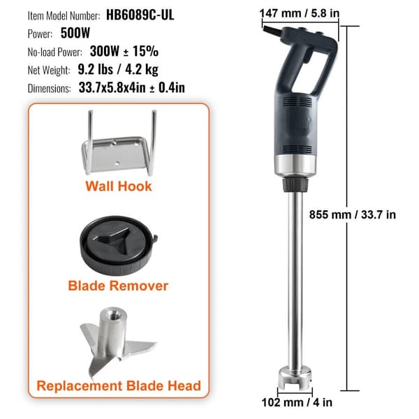 Kommerciel Heavy Duty nedsænkningsblender 500W med variabel hastighed – perfekt til professionelle køkkener!