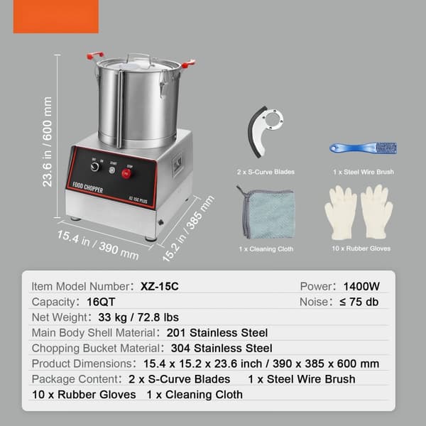Madprocessor: Grøntsagshakker, 1400W, 16 kvart blender i rustfrit stål - optimal til madlavning!
