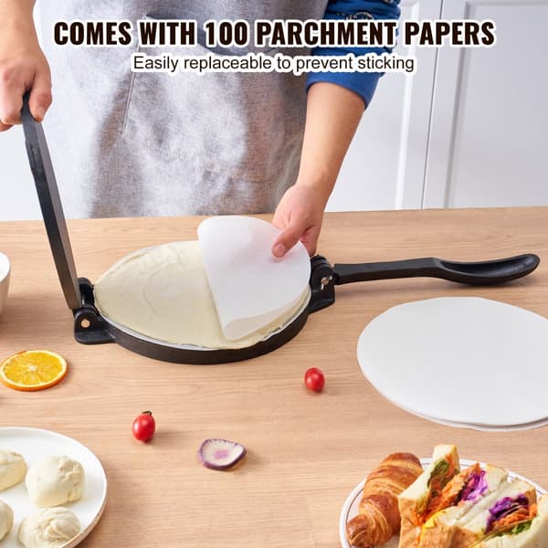 Tortilla Press, 8 tums Tortilla och Roti Maker, Gjutjärn, Heavy Duty, Pataconera Maker med 100 pergamentpapper, degmaskin.