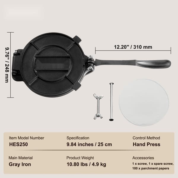 Tortilla-puristin 10", valurautainen Heavy Duty, esimaustettu Pataconera, 100 leivinpaperia, jauhotortillakone.