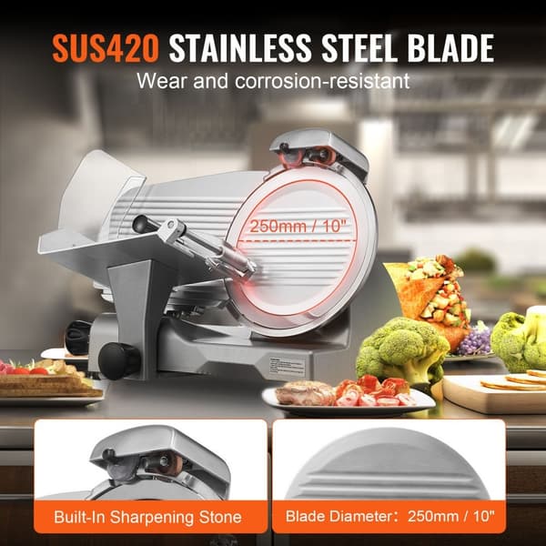 Kødskærer 340 W med 10" SUS420 rustfrit stålblad og slibesten. Justerbar tykkelse 0-0,6”, perfekt til kød og ost, både til hjemme- og erhvervsbrug.