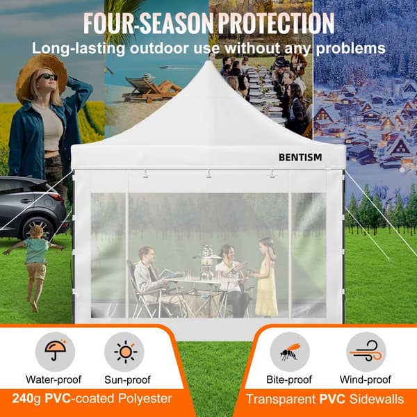 10 x 10 FT pop-up pavillon med aftagelige sidevægge og hjul. UV-resistent, vandtæt telt til fest og have, hvid farve.