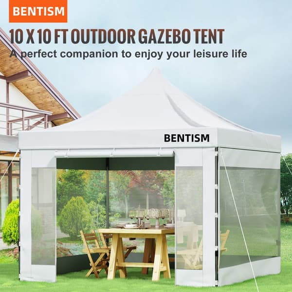 10 x 10 FT pop-up pavillon med aftagelige sidevægge og hjul. UV-resistent, vandtæt telt til fest og have, hvid farve.