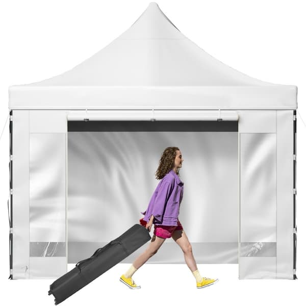 10 x 10 FT pop-up pavillon med aftagelige sidevægge og hjul. UV-resistent, vandtæt telt til fest og have, hvid farve.