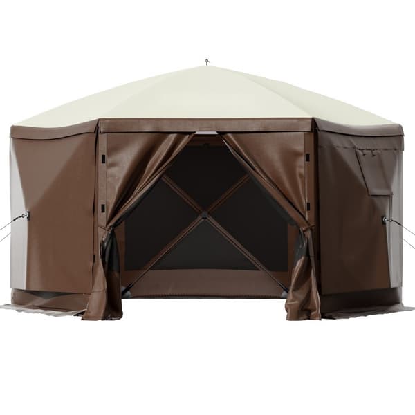 Gazebo skærmtelt, 10x10 fod, 6-sidet pop-up camping baldakin med netvinduer, inkl. bæretaske og jordspyd til udendørs brug.