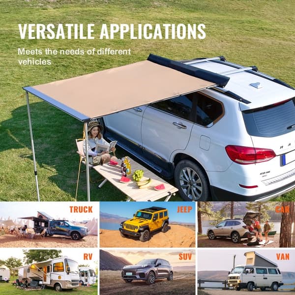 Sideskærm til bil, 6,6' x 8,2', UV50+ kraftig markise med vandtæt taske. Justerbar højde, ideel til lastbiler og campingvogne.