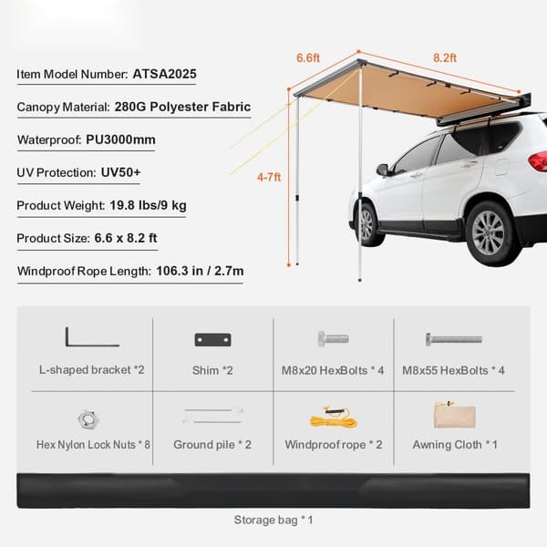 Sideskærm til bil, 6,6' x 8,2', UV50+ kraftig markise med vandtæt taske. Justerbar højde, ideel til lastbiler og campingvogne.