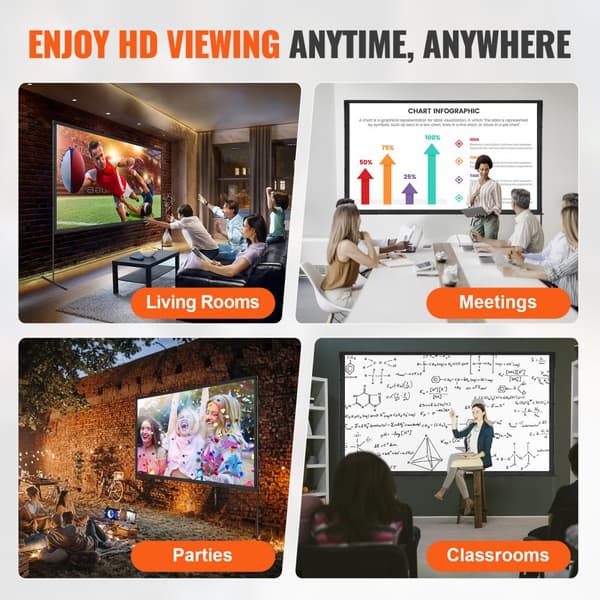 Projektorskærm med stativ, 120" 16:9 4K HD til udendørs film i baghaven, rynkefri med barfødder og bæretaske. Perfekt til hjemmebiograf!
