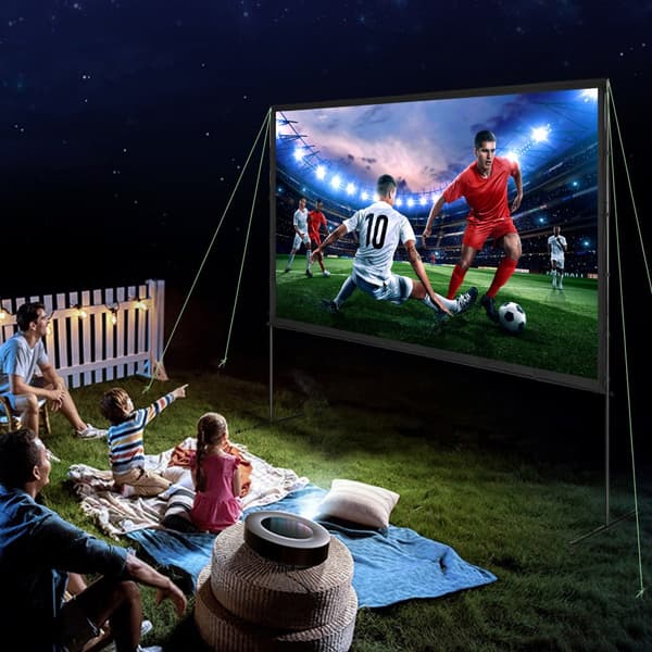Projektorskærm med stativ, 120" 16:9 4K HD til udendørs film i baghaven, rynkefri med barfødder og bæretaske. Perfekt til hjemmebiograf!