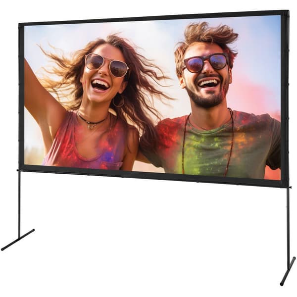 Projektorskærm med stativ, 120" 16:9 4K HD til udendørs film i baghaven, rynkefri med barfødder og bæretaske. Perfekt til hjemmebiograf!