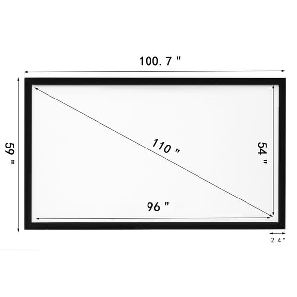 Beamer-kangas 257 cm x 150 cm, 279 cm diagonaali, PVC:stä kattoon asennettava, 15 kg, 160° näkökulma ulkoilmakäyttöön.