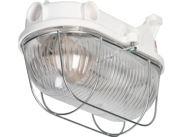 Vägglampa Orno OVAL-7063NB, armatur, 75W, E27, IP54, IK10, transparent polykarbonatskärm, bakelitsockel, metallnät, vit