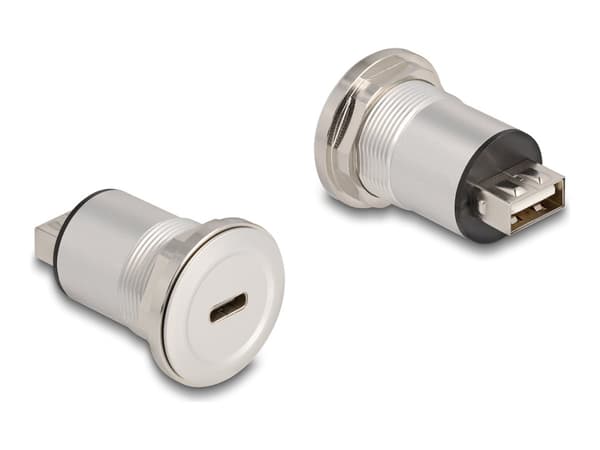 Delock - USB-adapter - 24 pin USB-C (hona) kan monteras på panel till USB (hona) - USB 2.0 - M22-gänga - Black silver Svart, Silver