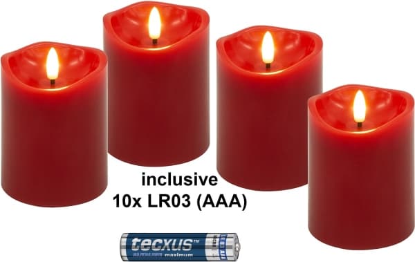 Sæt med 4 LED-stearinlys i voks, rød, inkl. 12x AAA (LR03)