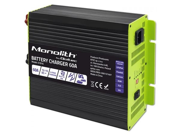 Qoltec Älykäs ammattimainen Monolith-akkulaturi LiFePO4 AGM GEL SLA akuille | 60A | 12V | nopea lataus | nopea lataus