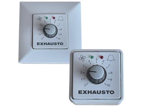 EXHAUSTO Regulator EFC1P2, hvid med 0-10V signal til ventilator med AC/EC-motor. IP20, -20°C..40°C. Mål 53x53x56 mm. Leveres inkl. underlag.