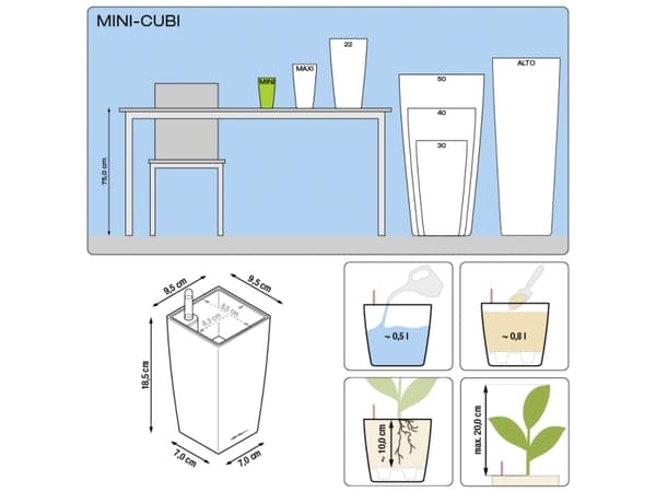 LECHUZA MINI-CUBI, Istutusruukku, Vapaasti seisova, Akryylinitriilibutadieenistyreeni (ABS), Metallinen, Sisätila, Putoamisenkestävä, UV resistant