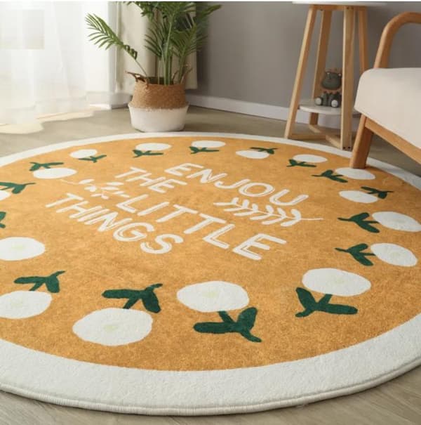 Rundt tæppe, skridsikkert 100 x 100 cm - Blomstermønster, gult