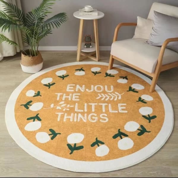 Rundt tæppe, skridsikkert 100 x 100 cm - Blomstermønster, gult