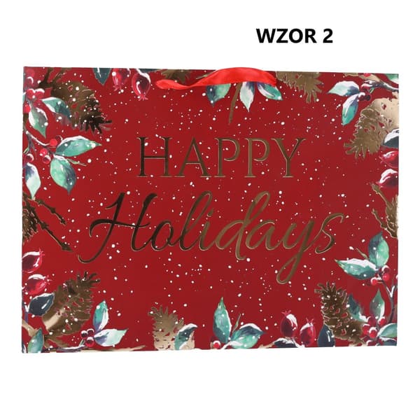 Julegavepose "Happy Holidays" 42x12x31 cm Blanding af mønstre