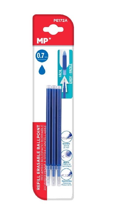 MP sletbare pen refills 3 stk 0,7mm - Blå