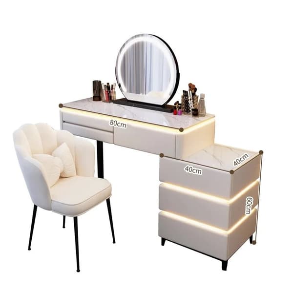 Marmurek LED kosmetik sminkebord/ møbelsæt, Ana bordplade 80 cm - hvid