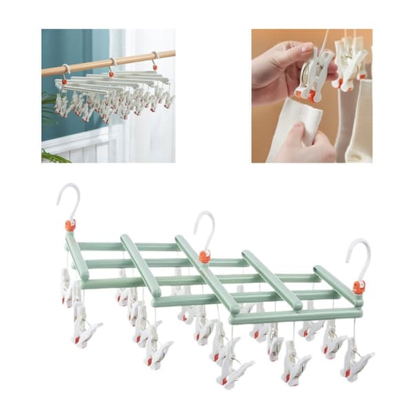 Praktisk foldbar bøjle med clips, 19 clips, grøn