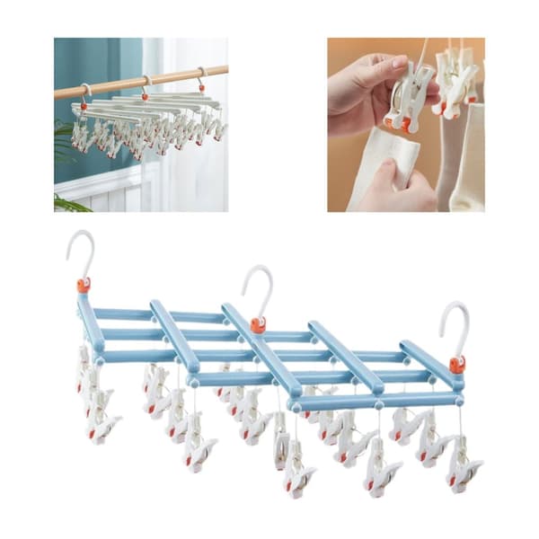 Praktisk foldbar bøjle med clips, 19 clips, lyseblå