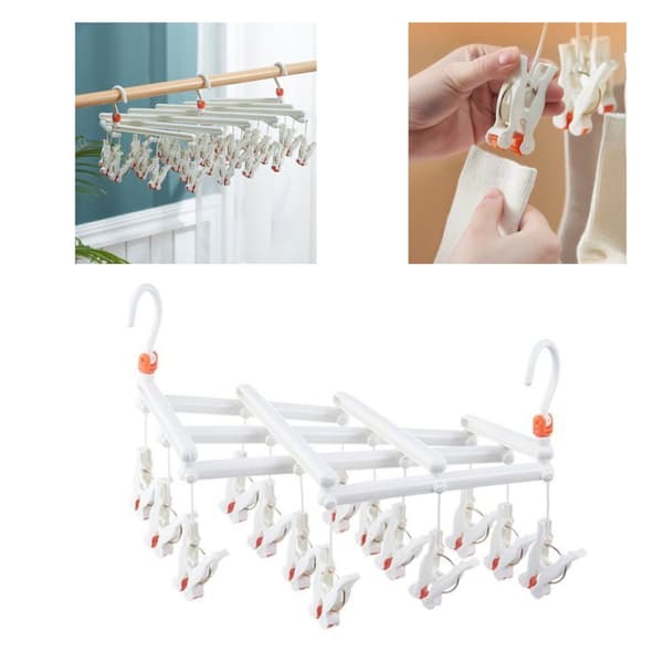 Praktisk foldbar bøjle med clips, 14 clips, hvid