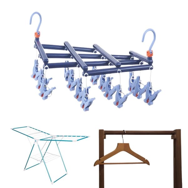 Praktisk foldbar bøjle med clips, 14 clips, mørkeblå