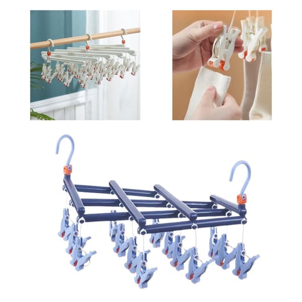 Praktisk foldbar bøjle med clips, 14 clips, mørkeblå