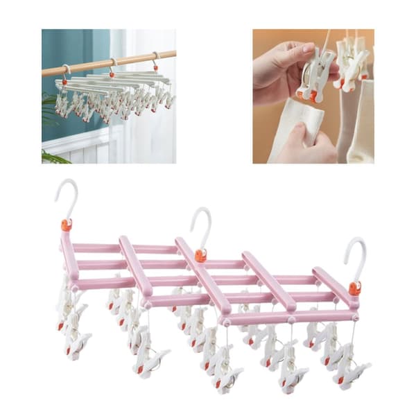 Käytännöllinen taitettava vaateripustin, jossa klipsit, 19 klipsiä, pinkki