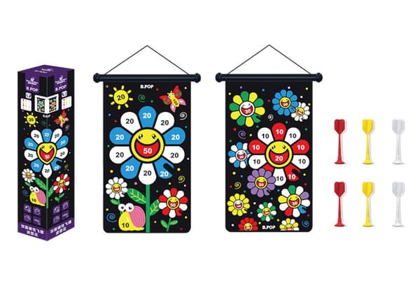 Magnetisk darttavla, dubbelsidig, med färgglada blompilar
