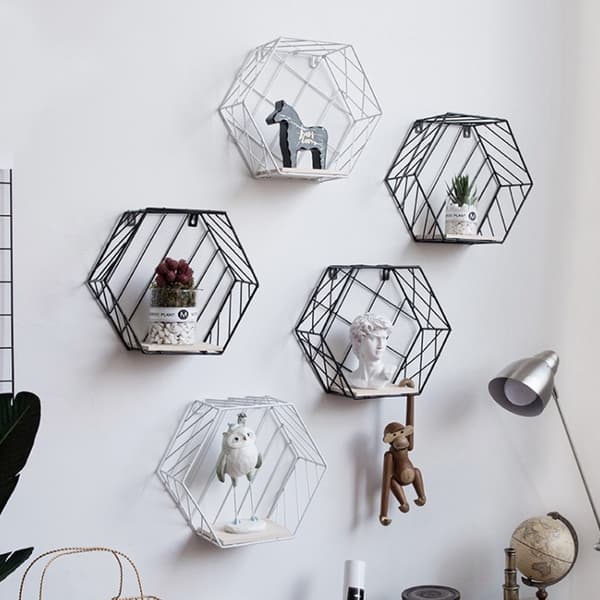 Sexkantig dekorativ hylla, LOFT-stil – svart II