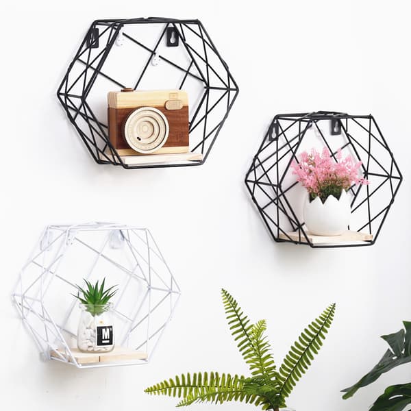 Sexkantig dekorativ hylla, LOFT-stil – svart II
