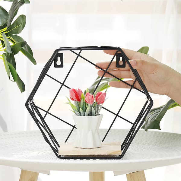 Sexkantig dekorativ hylla, LOFT-stil – svart II