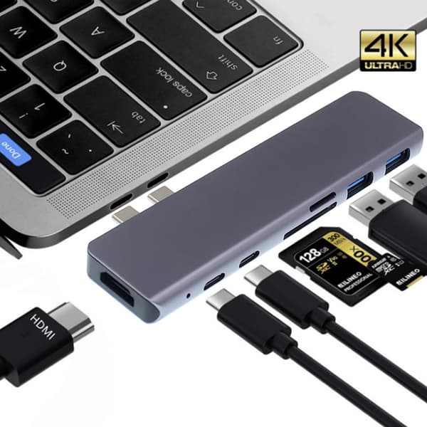 Adapter 7i1 HUB USB-C HDMI 4K SD Macbook Pro / Air - Grå