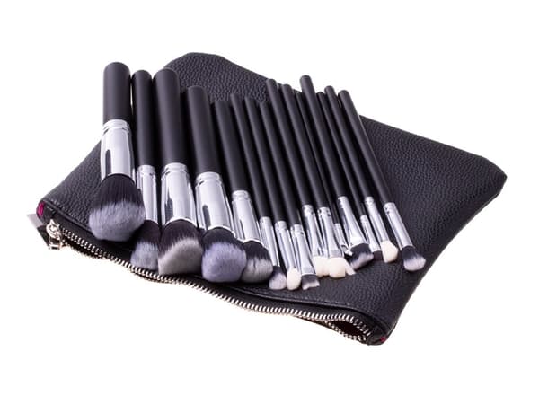 Sæt med 15 makeup børster + etui - sort