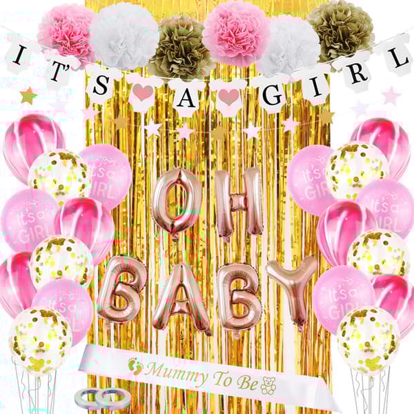 Baby Shower ilmapallot ja rekvisiittasetti - "IT'S A GIRL"