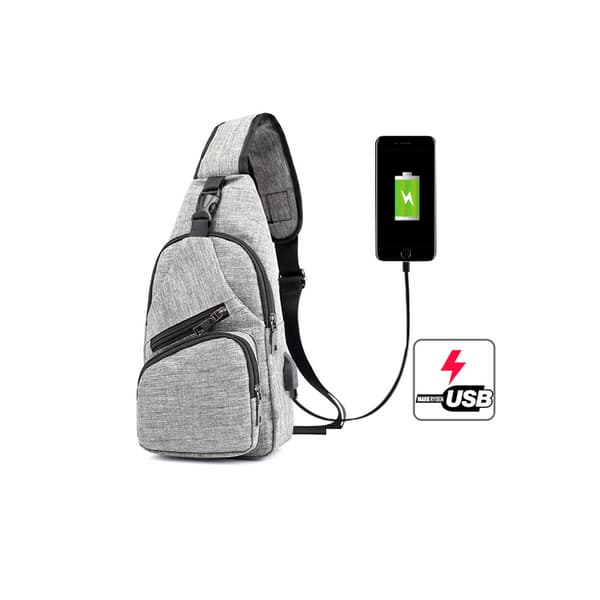 Sportryggsäck med en axel, midjeväska med USB - ljusbrun