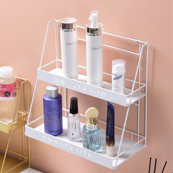 Metallinen, kaksitasoinen LOFT-tyylinen hylly BEAUTY LIFE -kosmetiikkaan - valkoinen